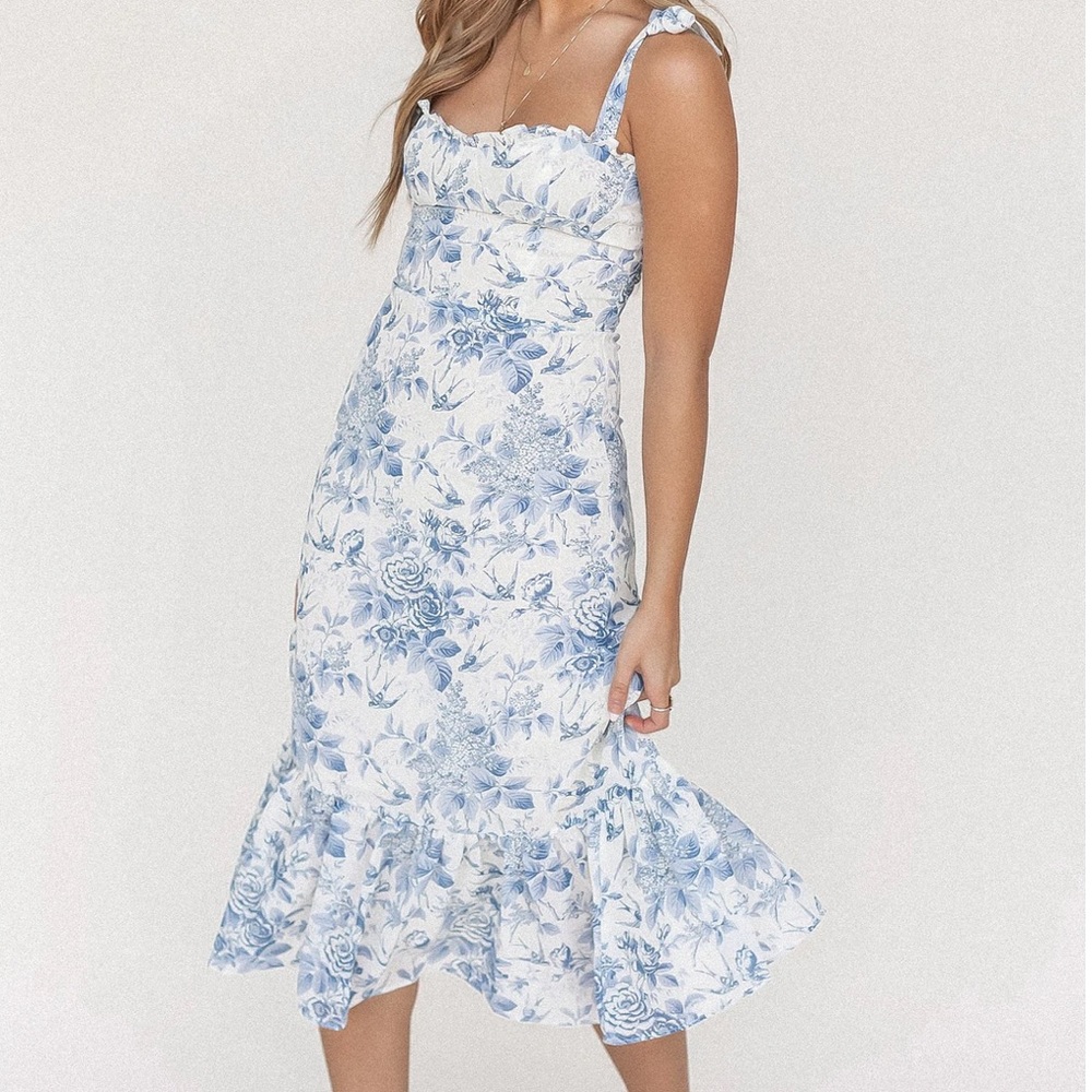 Blue and White Tie Strap Floral Midi dress